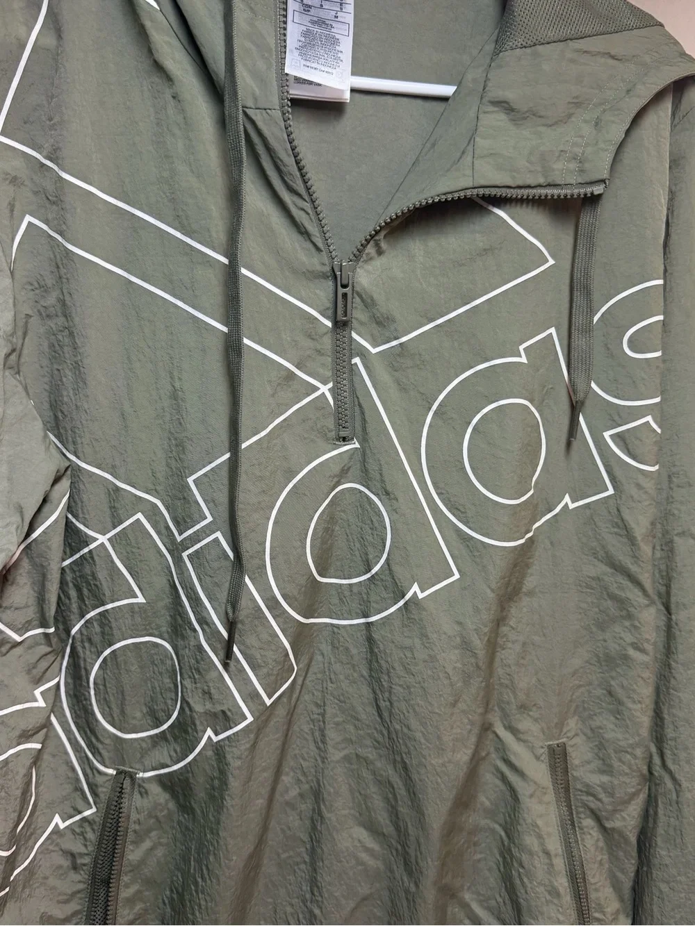 Vintage adidas Olive Green Hooded Windbreaker with White Stripe Detail